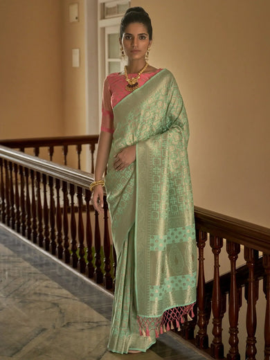 Dazzling Pista Green Weaving Silk Festival Wear Saree With Blouse